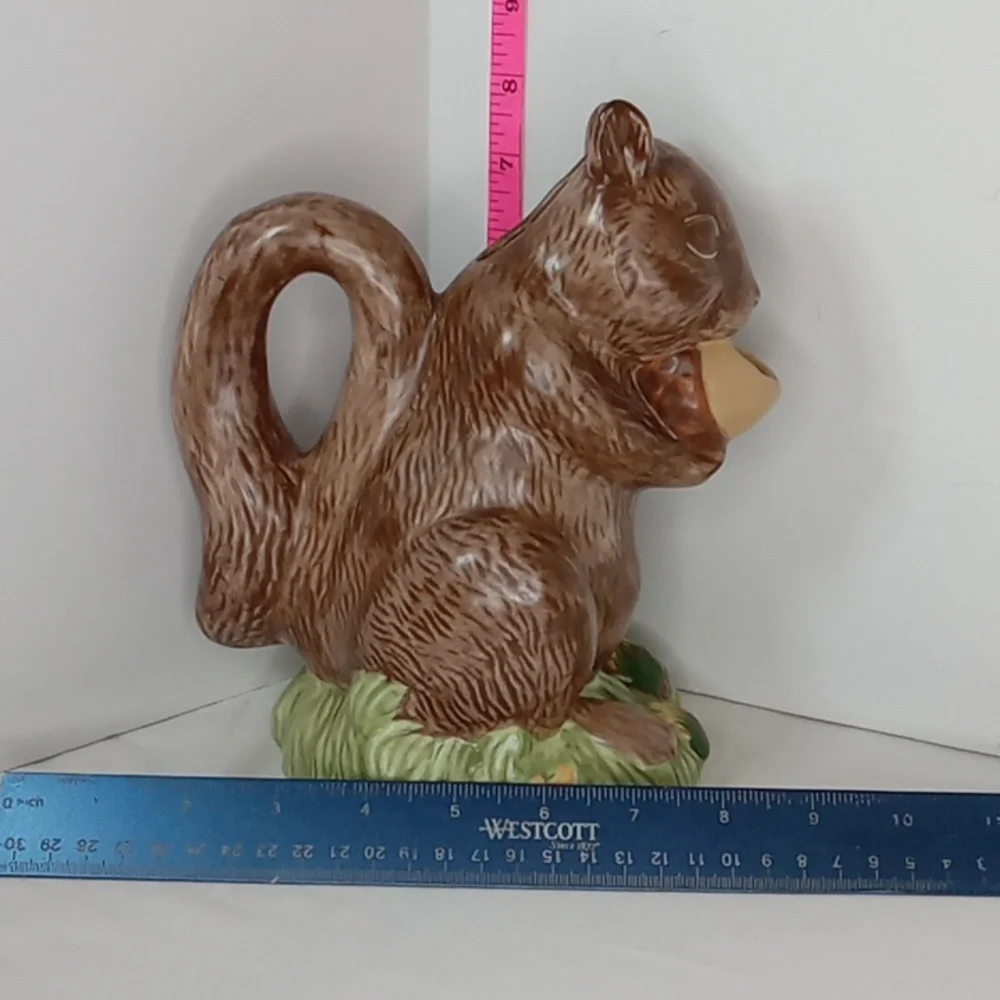 Vintage Stoneware Whimsical Hand Painted Squirrel Vase Pitcher